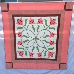 Vintage 68" Square Hand Sewn Quilt with tulips Pink Antique